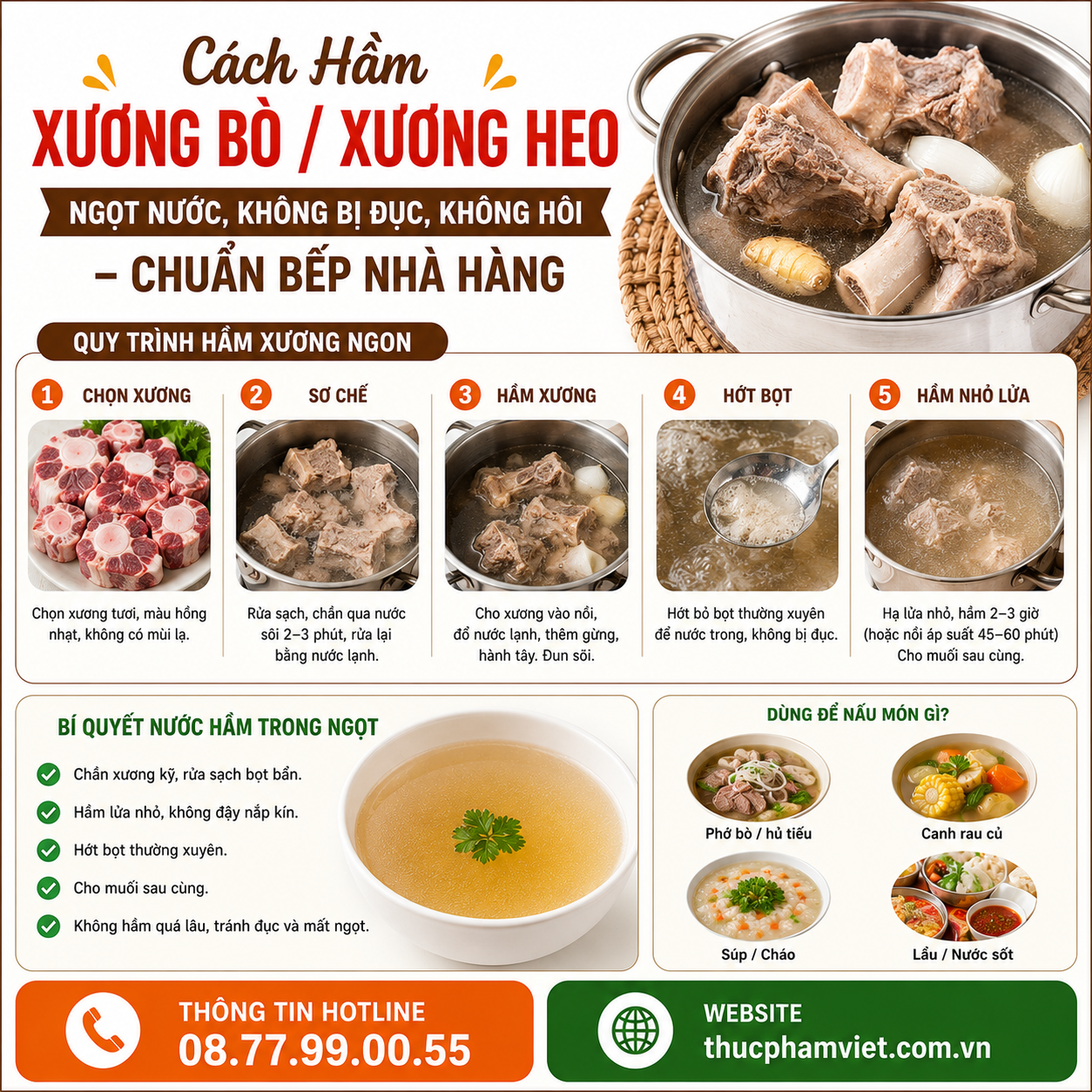 Cách Hầm Xương Bò/Xương Heo Ngọt Nước, Không Bị Đục, Không Hôi – Chuẩn Bếp Nhà Hàng