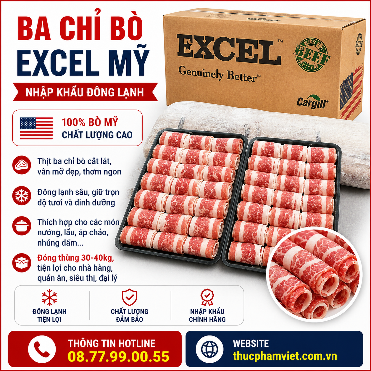 Ba Chỉ Bò Excel Mỹ Nhập Khẩu Đông Lạnh
