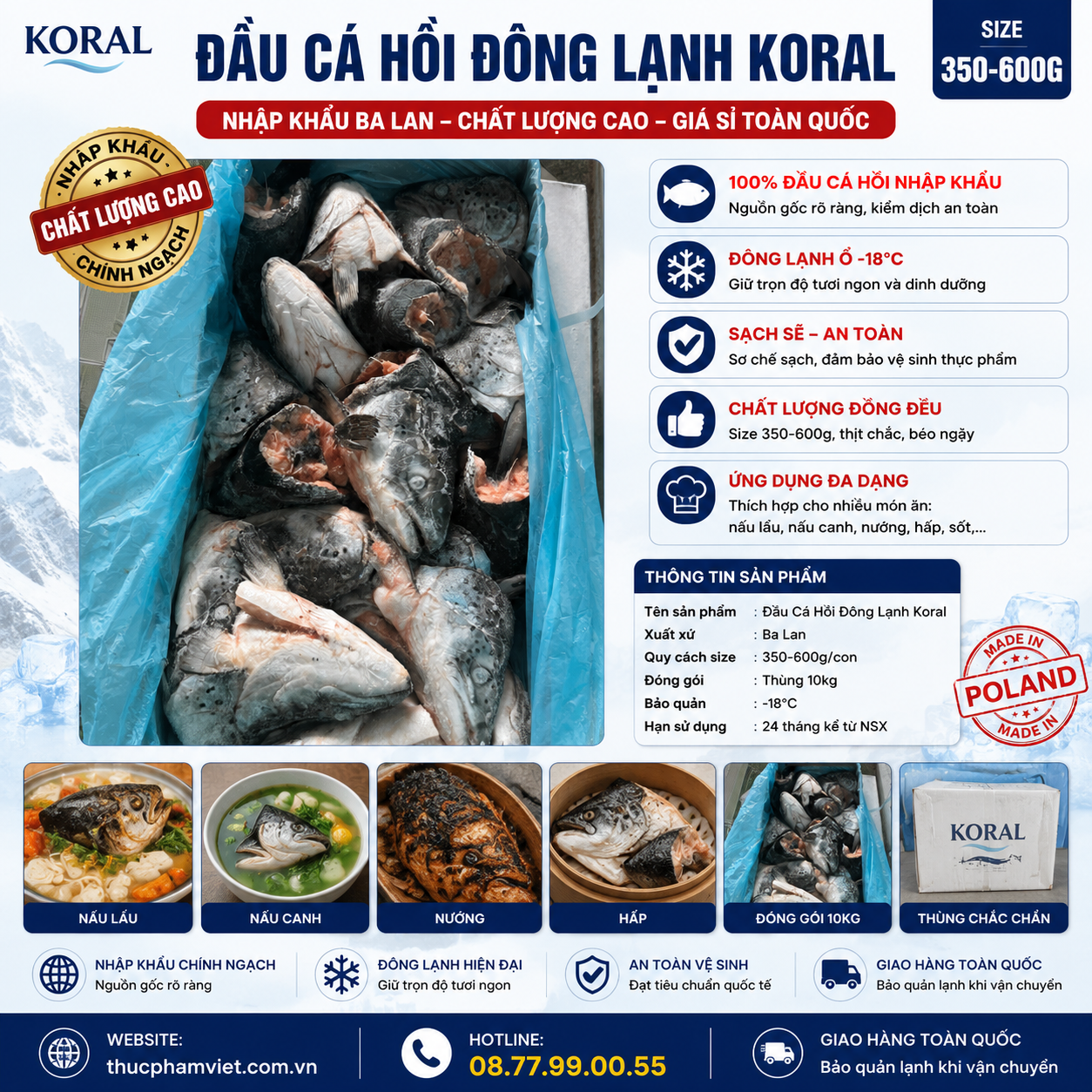 Đầu Cá Hồi Đông Lạnh Koral Size 350-600g