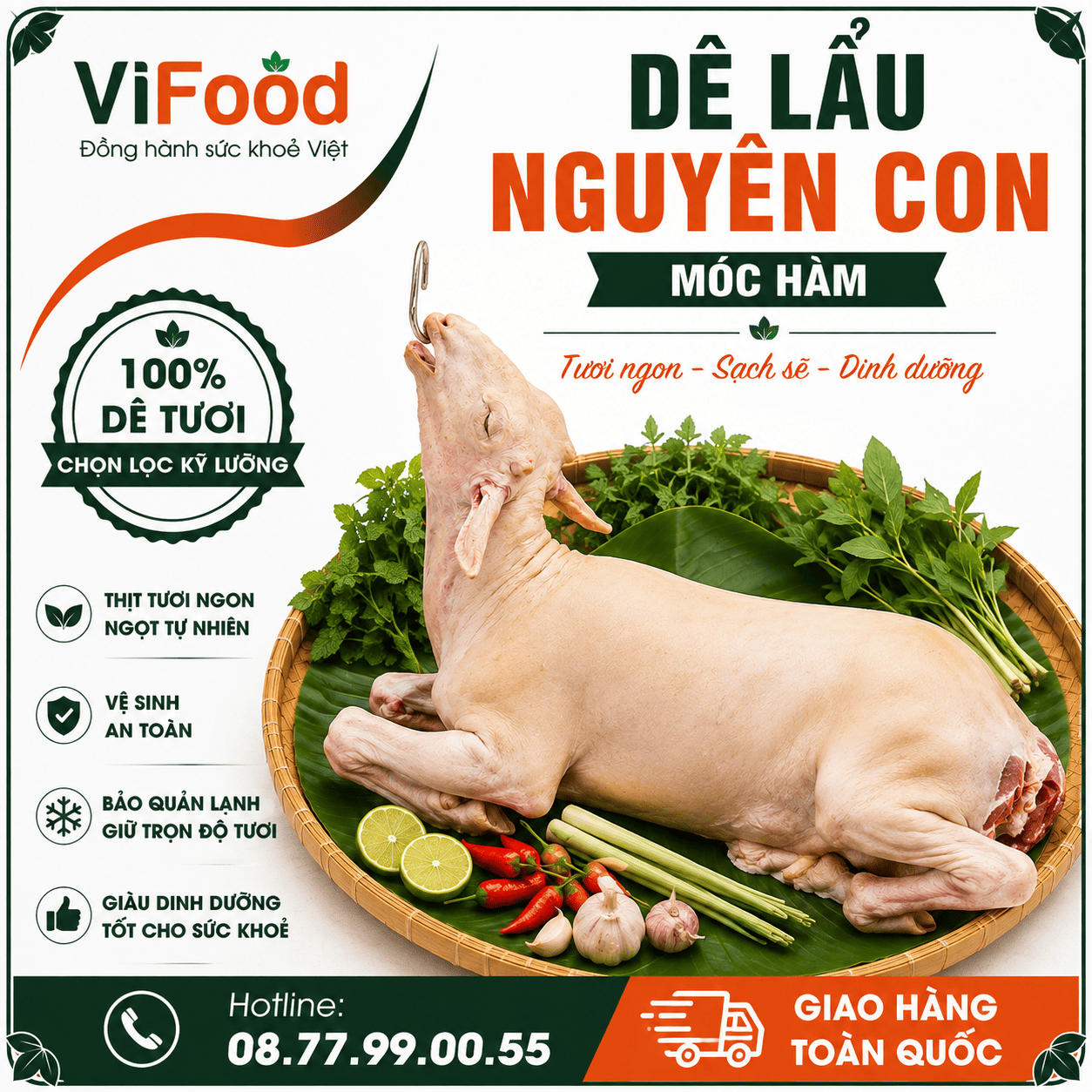 Dê lẩu nguyên con móc hàm