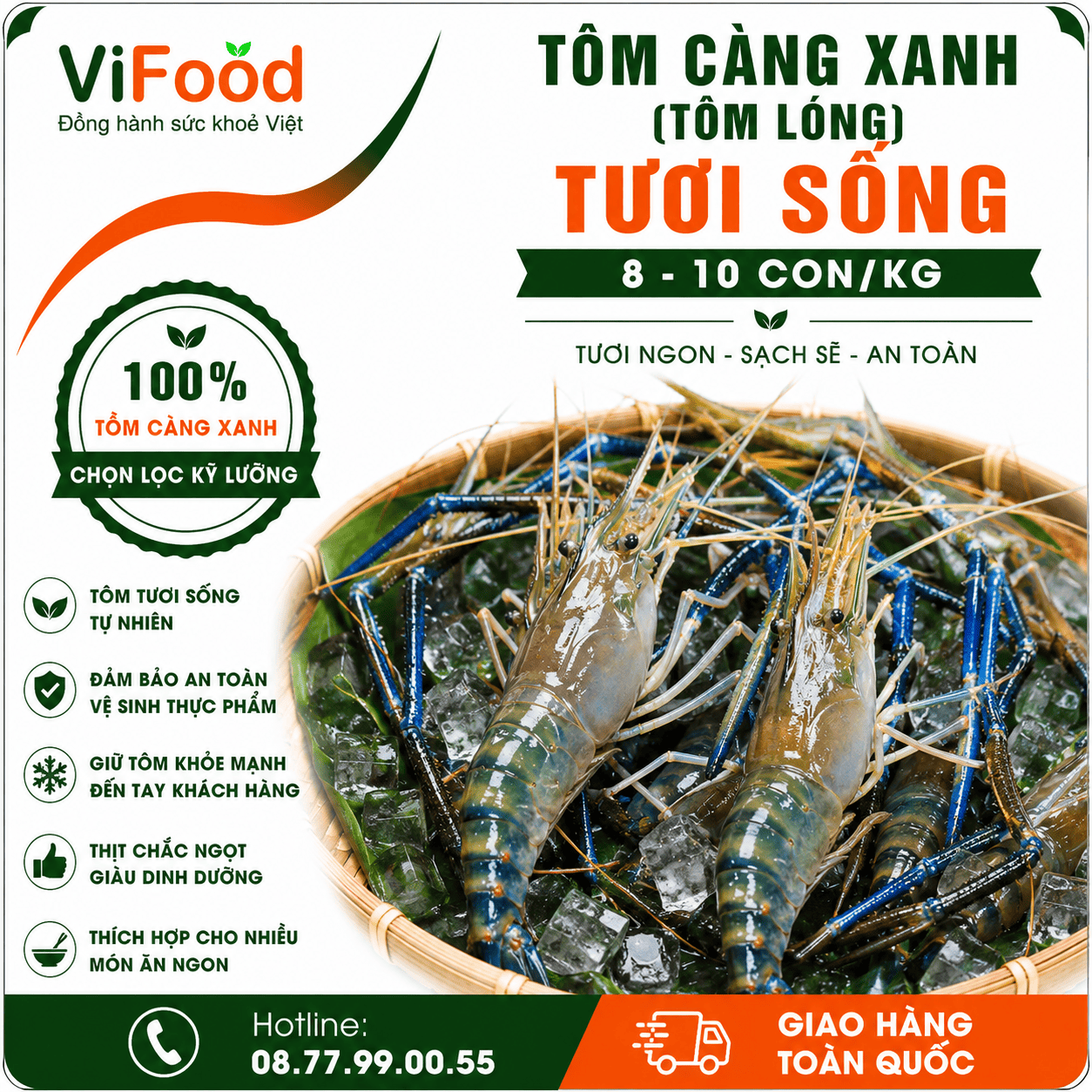  Tôm càng xanh (tôm lóng) tươi sống 8-10 con/kg