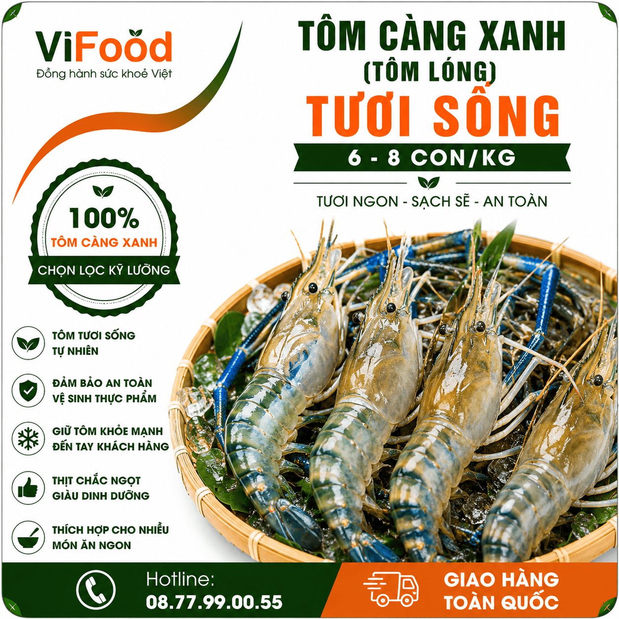 Tôm càng xanh (tôm lóng) sống  6-8 con/kg