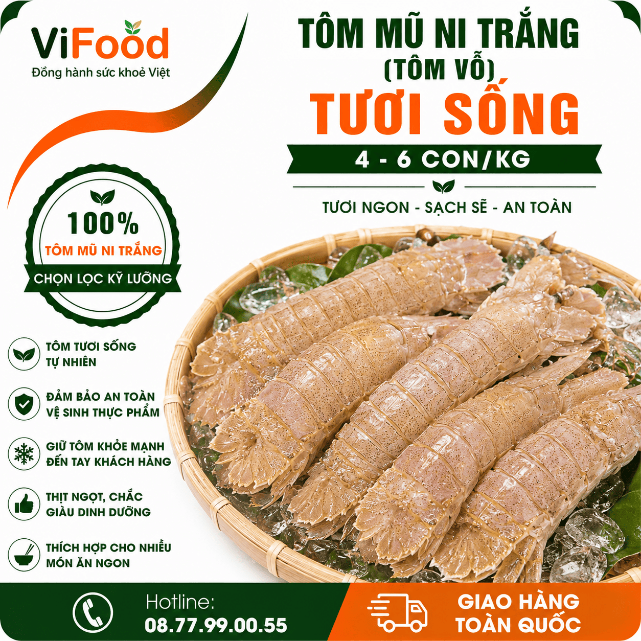 Tôm mũ ni trắng (tôm vỗ) tươi sống 4-6 con/kg