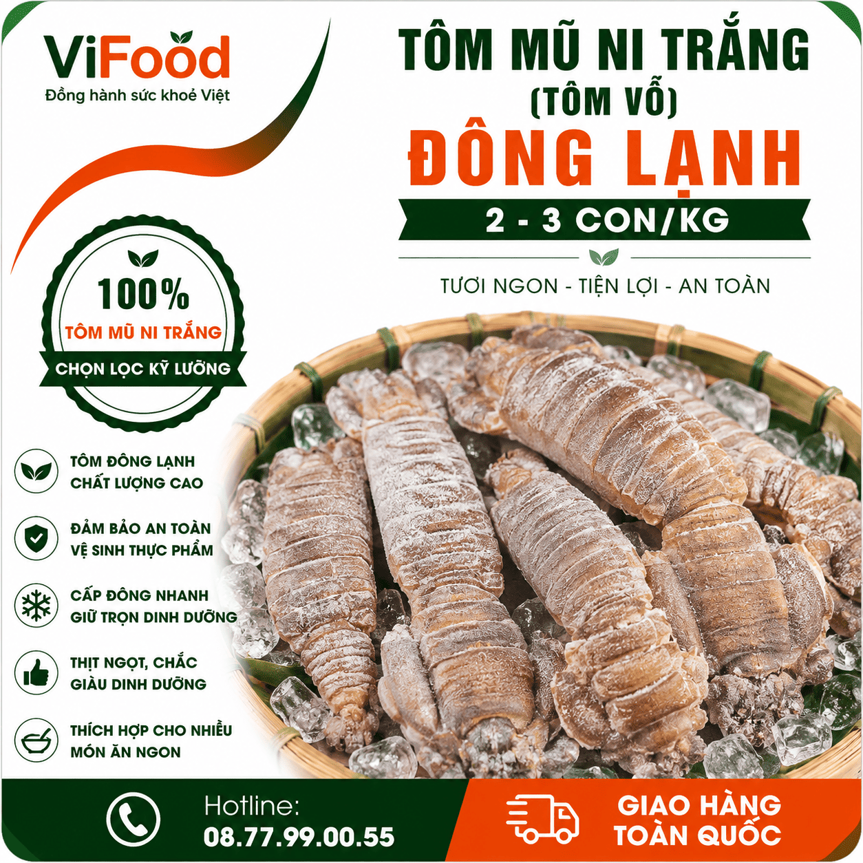Tôm mũ ni trắng (tôm vỗ) đông lạnh 2-3 con/kg