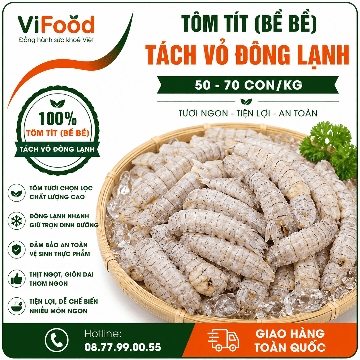 Tôm tít (bề bề) tách vỏ đông lạnh 50-70 con/kg