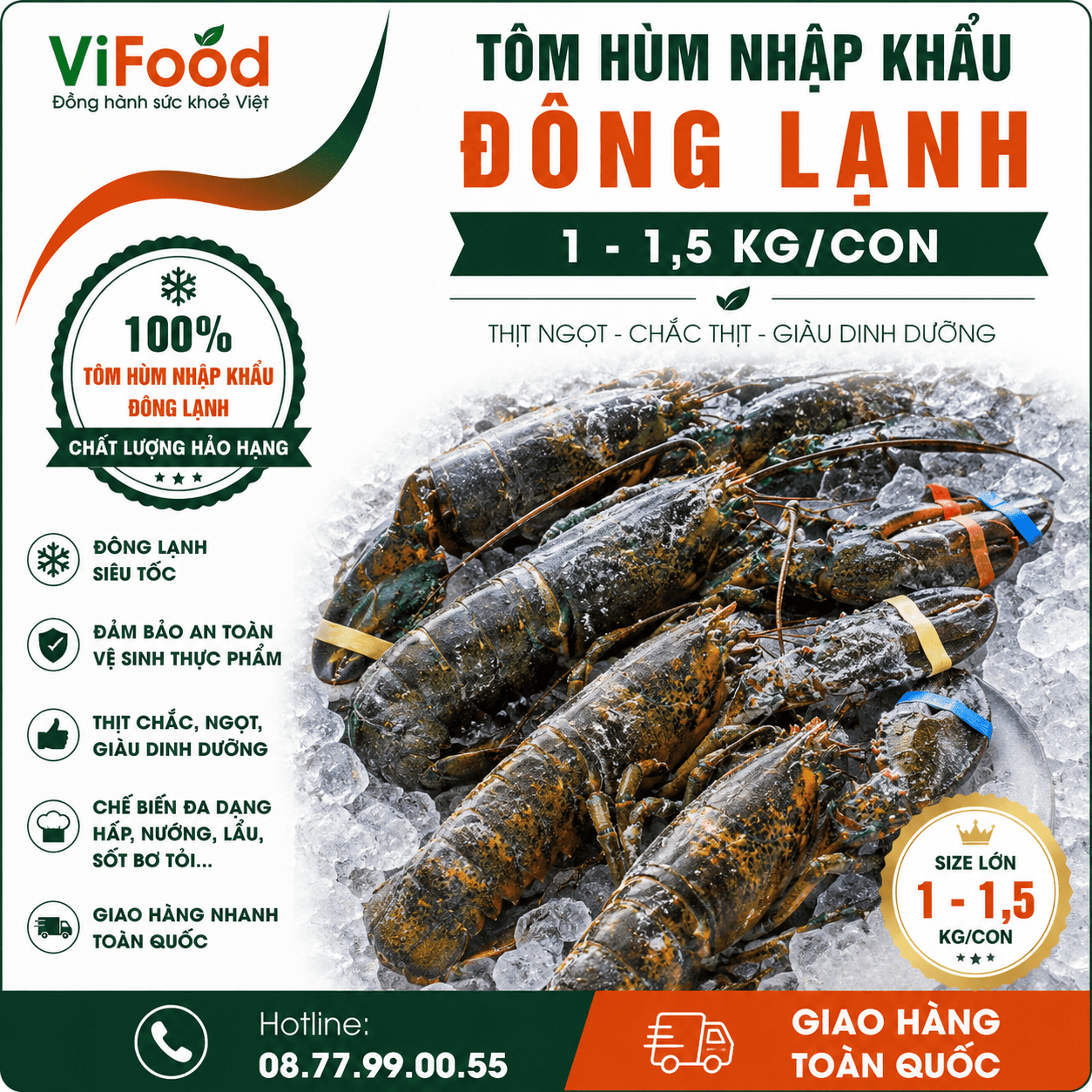 Tôm hùm nhập khẩu đông lạnh 1-1,5 kg/con