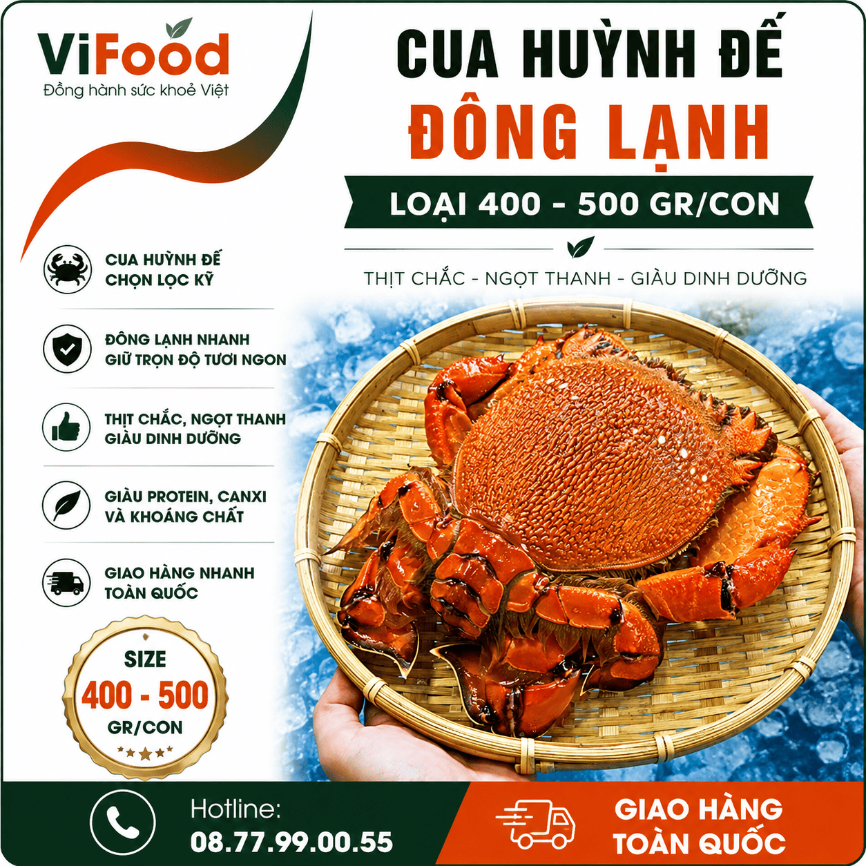 Cua huỳnh đế đông lạnh loại 400-500 gr/con