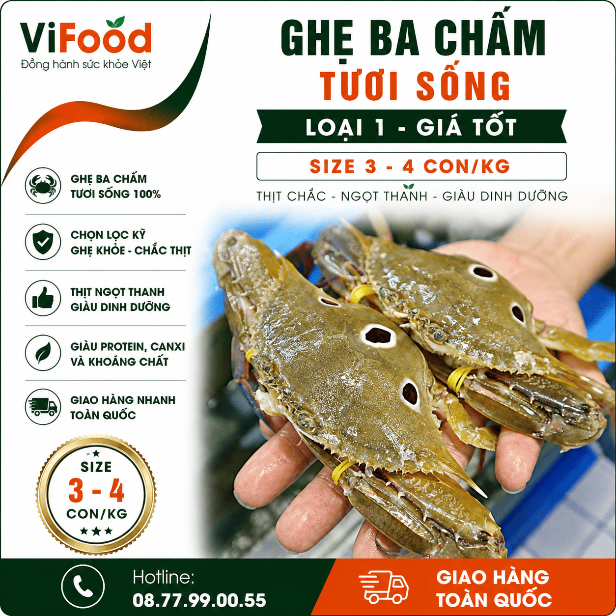 Ghẹ ba chấm tươi sống loại 1 giá tốt size 3-4 con/kg