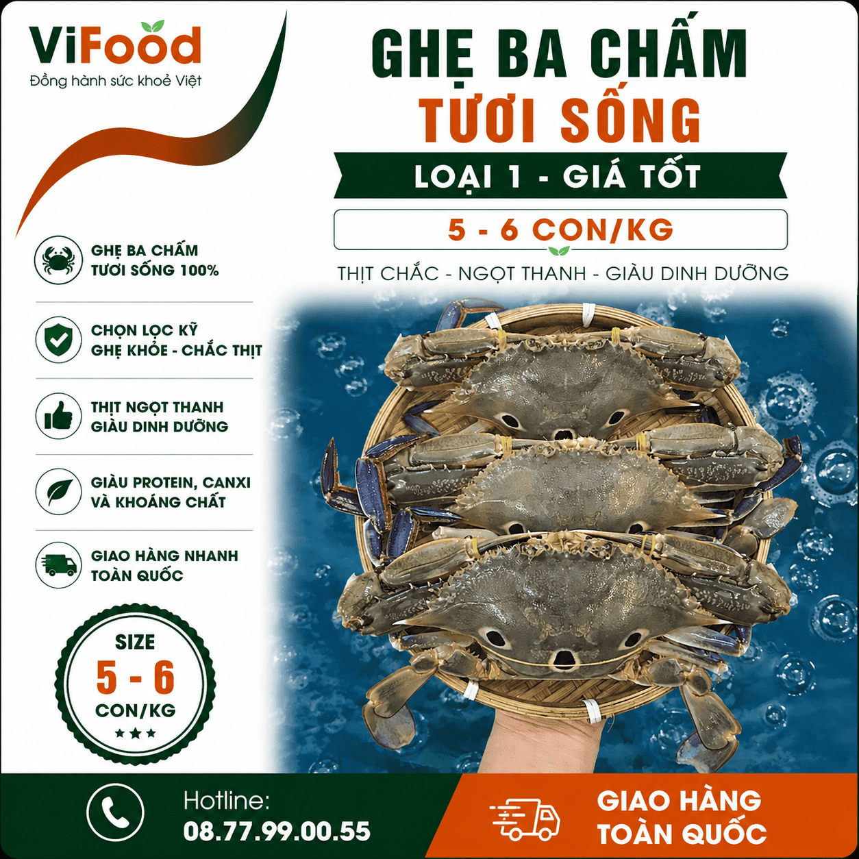 Ghẹ ba chấm tươi sống loại 1 giá tốt 5-6 con/kg