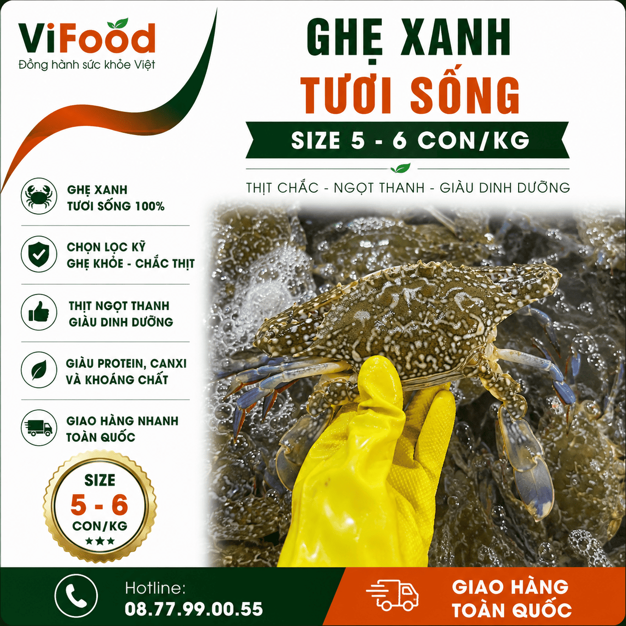 Ghẹ xanh tươi sống size 5-6 con/kg
