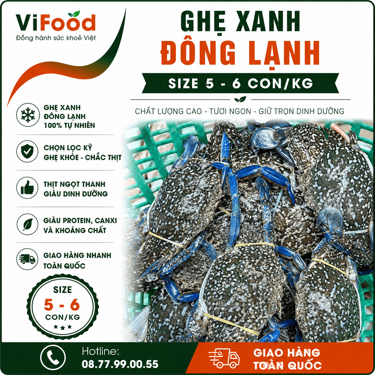 Ghẹ xanh đông lạnh chất lượng  5-6 con/kg