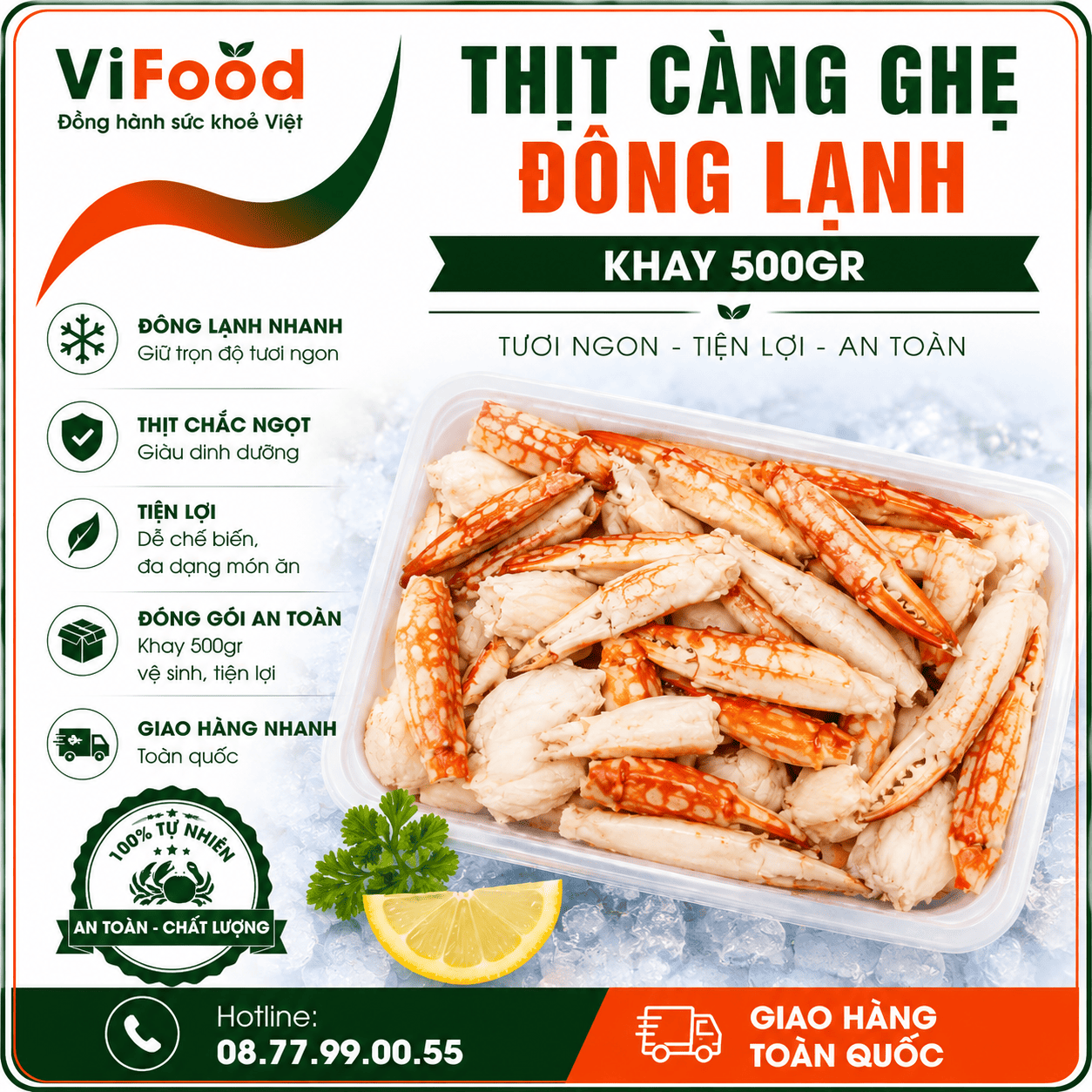 Thịt càng ghẹ đông lạnh an toàn Khay 500gr