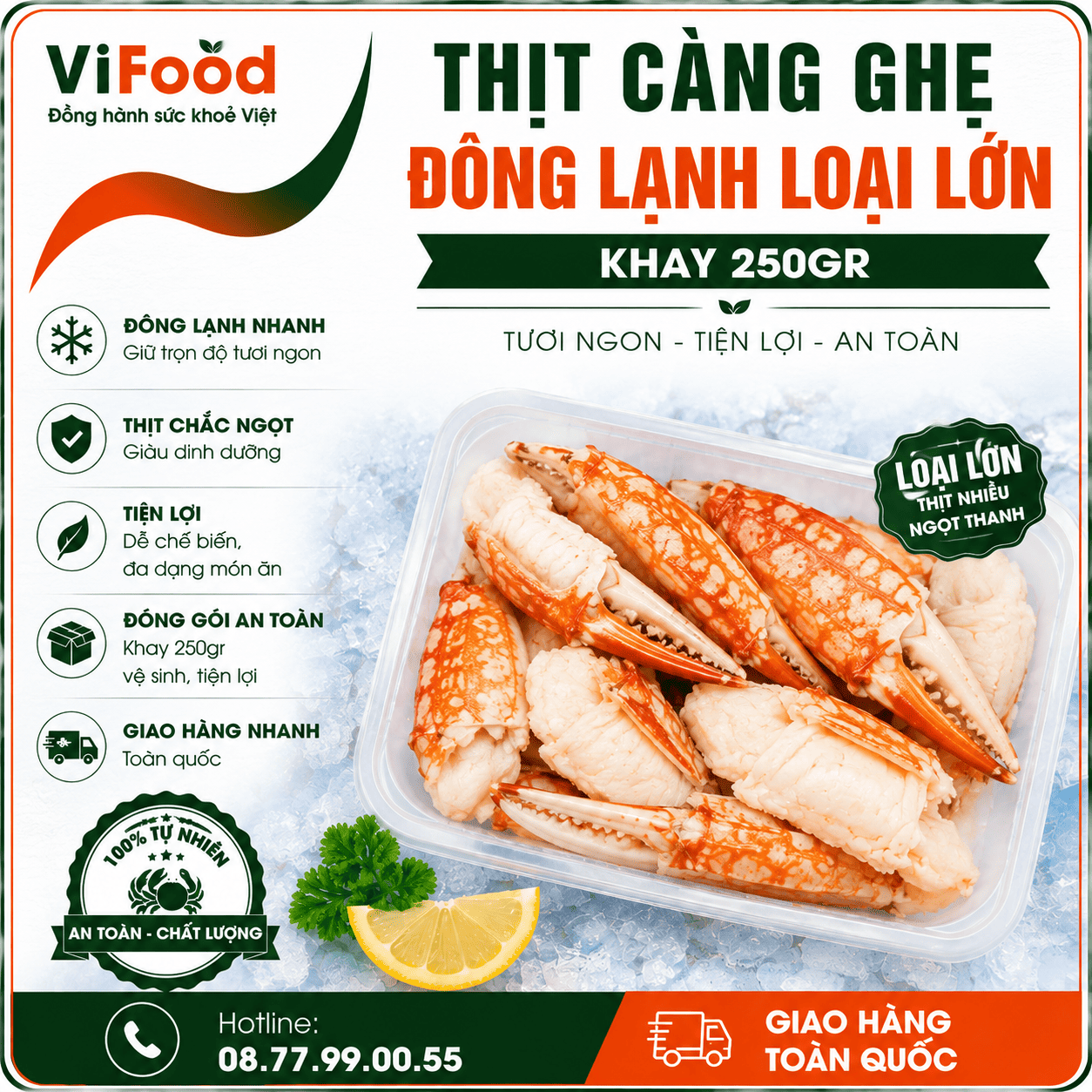 Thịt càng ghẹ đông lạnh loại lớn Khay 250gr
