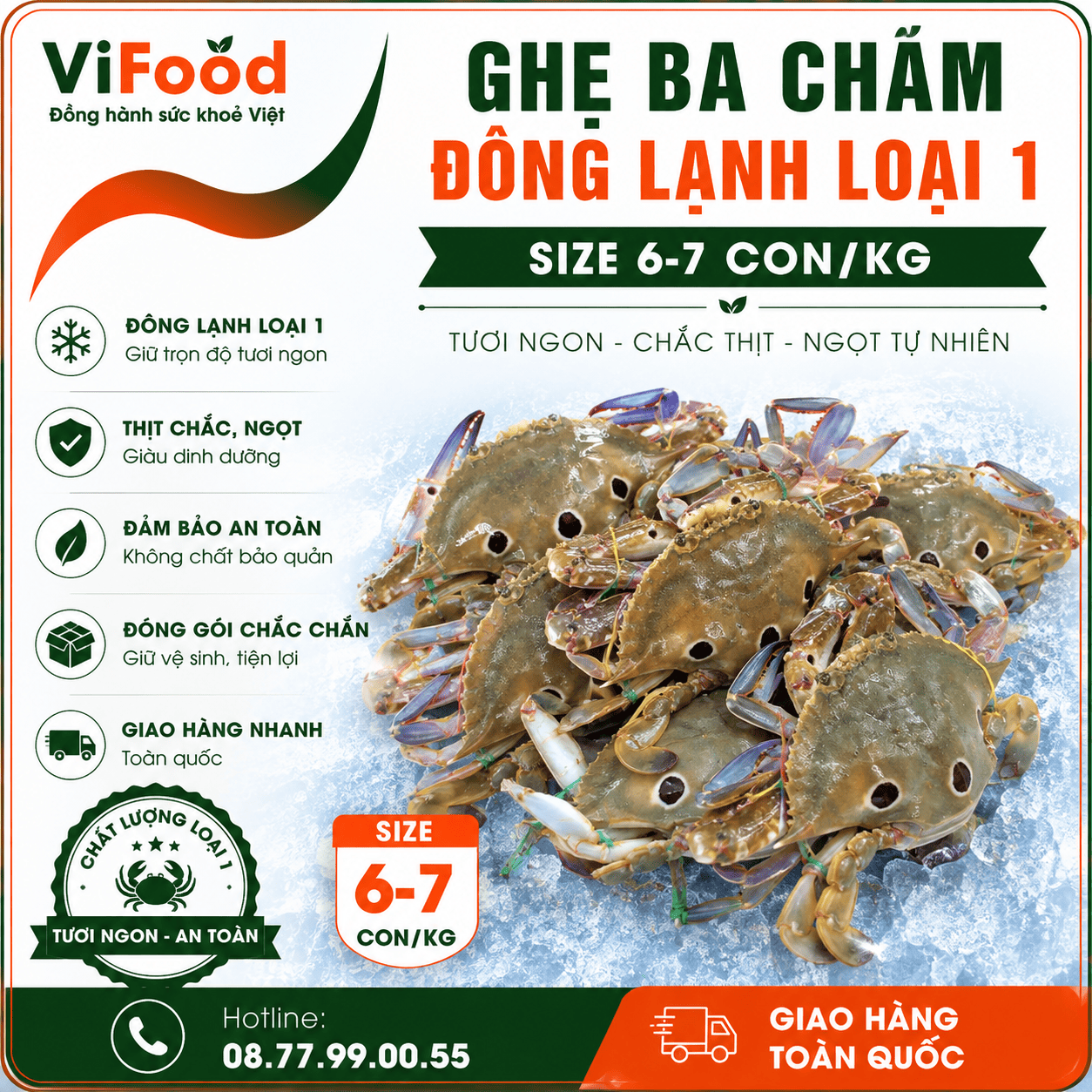 Ghẹ ba chấm đông lạnh loại 1 giá tốt size 6-7 con/kg