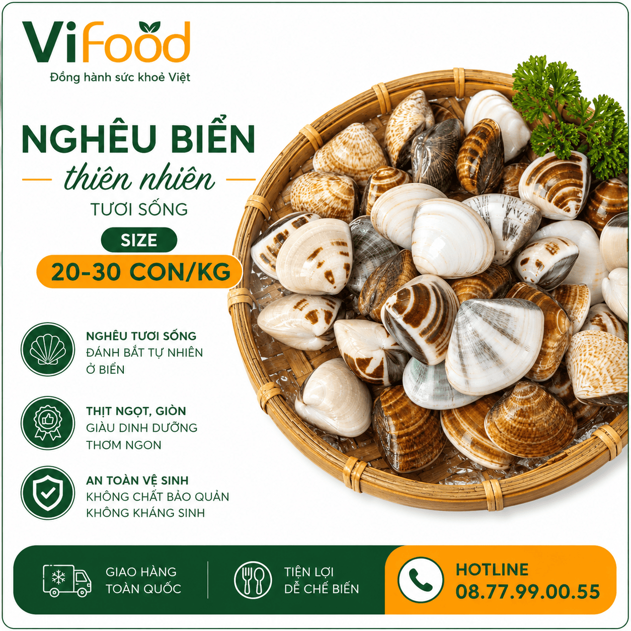 Nghêu biển thiên nhiên sống size 20-30 con/kg