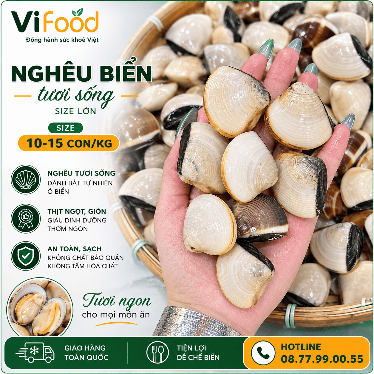 Nghêu biển sống size 10-15 con/kg
