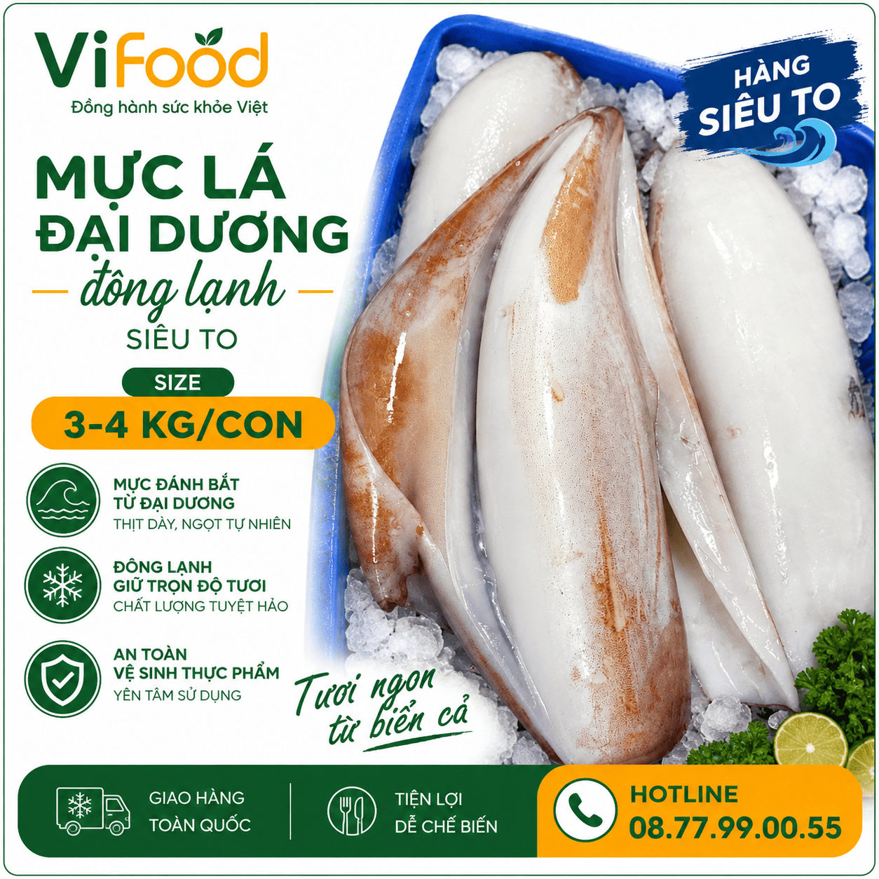 Mực lá đại dương đông lạnh siêu to . 3-4 kg/con