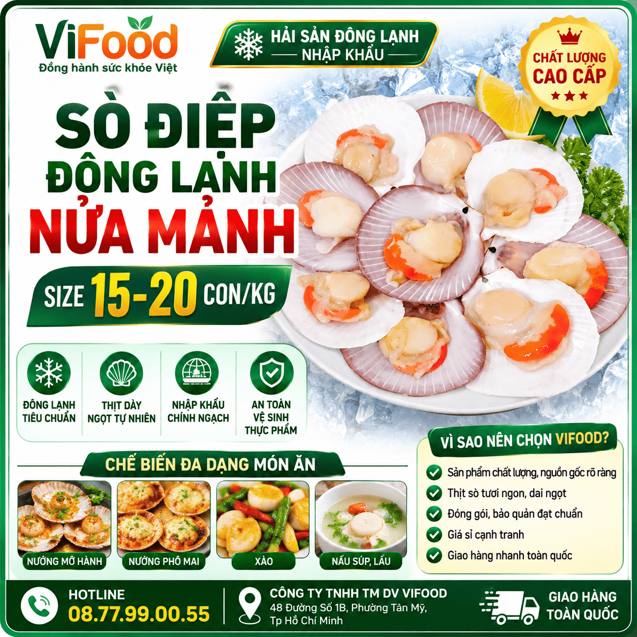 Sò điệp đông lạnh nửa mảnh 15-20 con/kg
