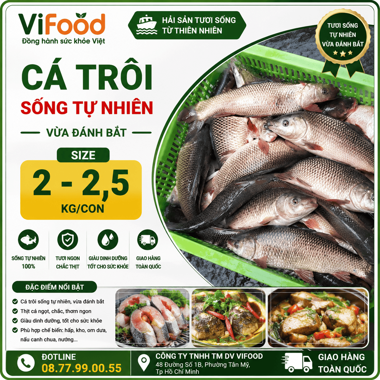 Cá trôi sống tự nhiên, vừa đánh bắt Size 2-2,5 kg/con