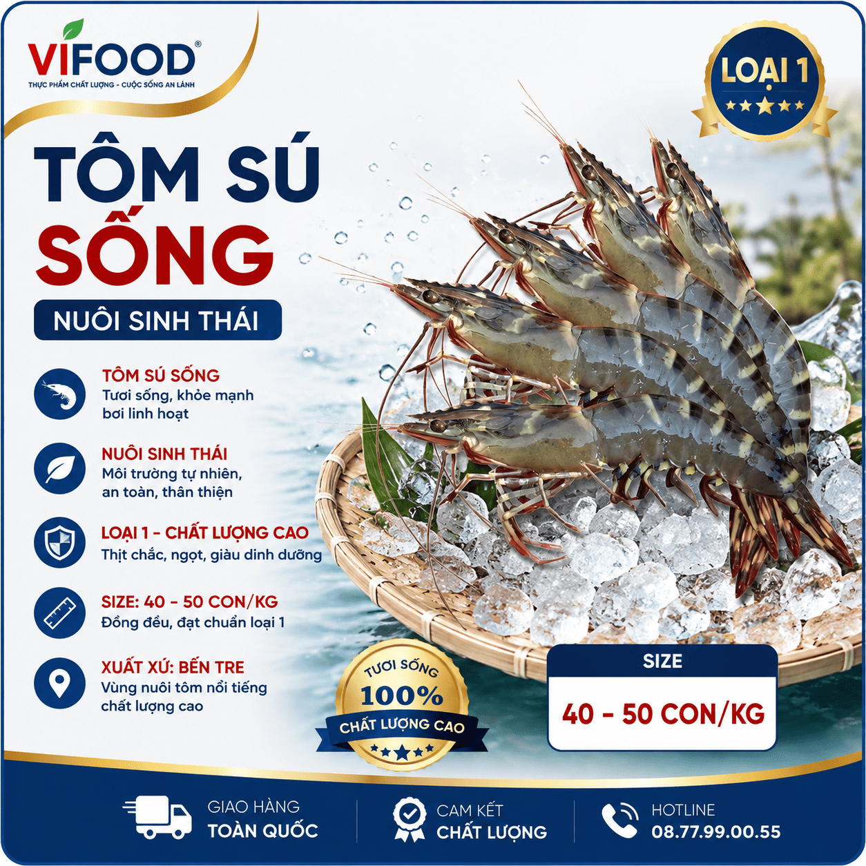 Tôm sú sống, nuôi sinh thái loại 1 Size: 40-50 con/kg Xuất sứ Bến Tre