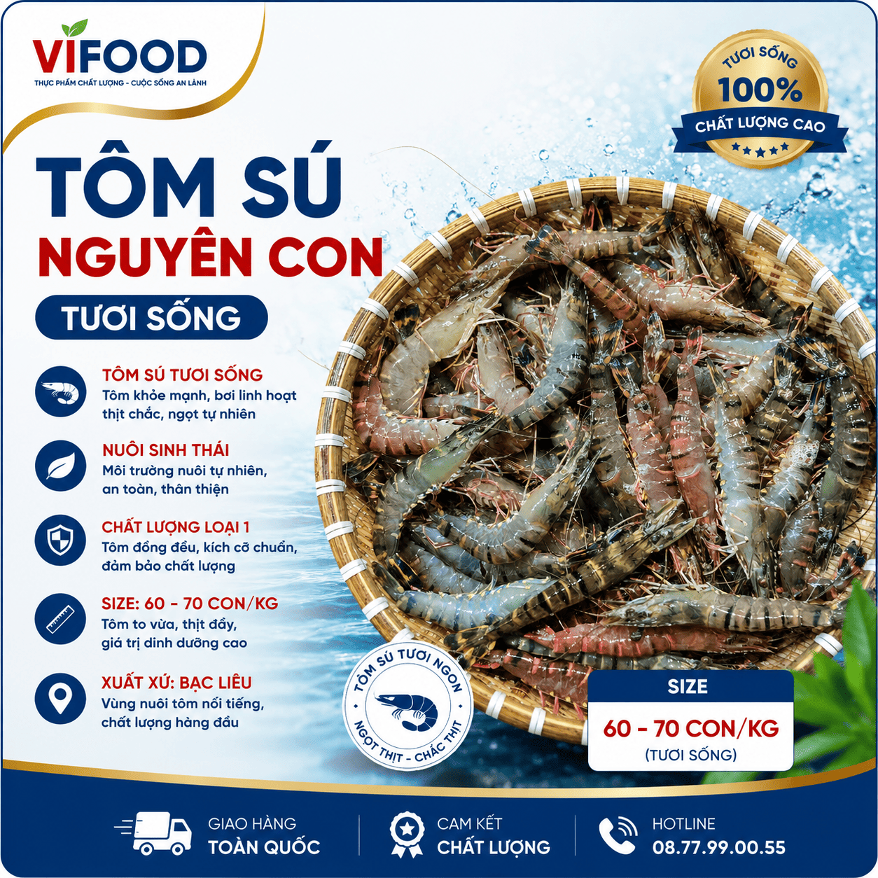 Tôm sú nguyên con tươi sống Size: 60-70 con/kg Xuất sứ Bạc Liêu