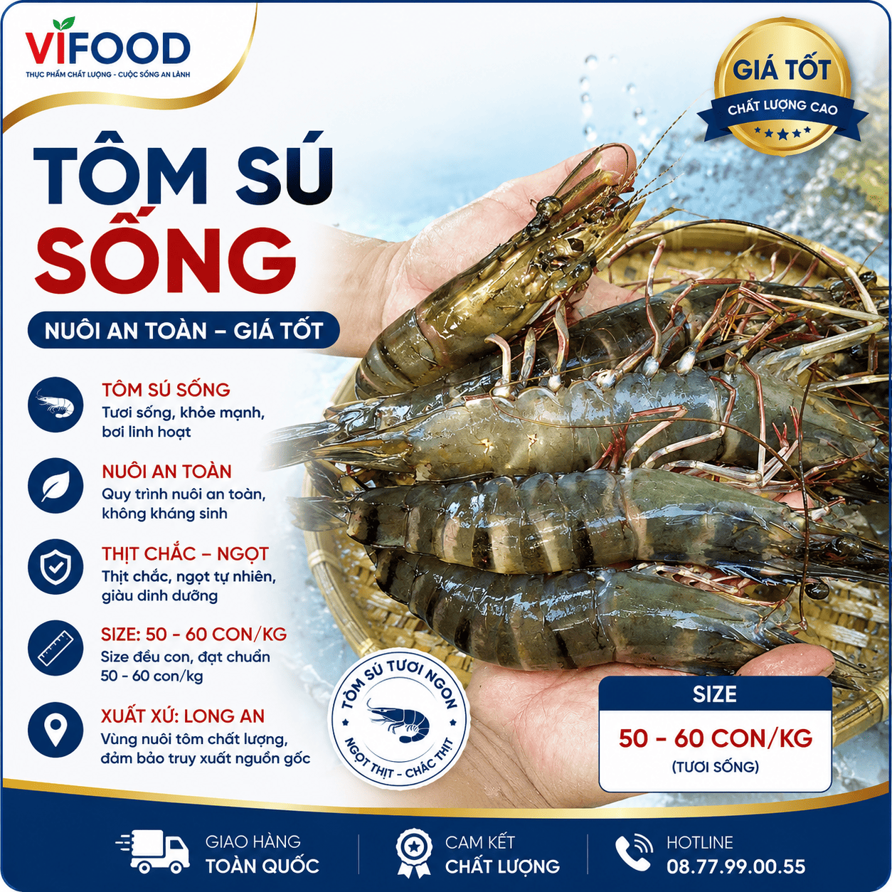Tôm sú sống, nuôi an toàn giá tốt Size: 50-60 con/kg Xuất sứLong An