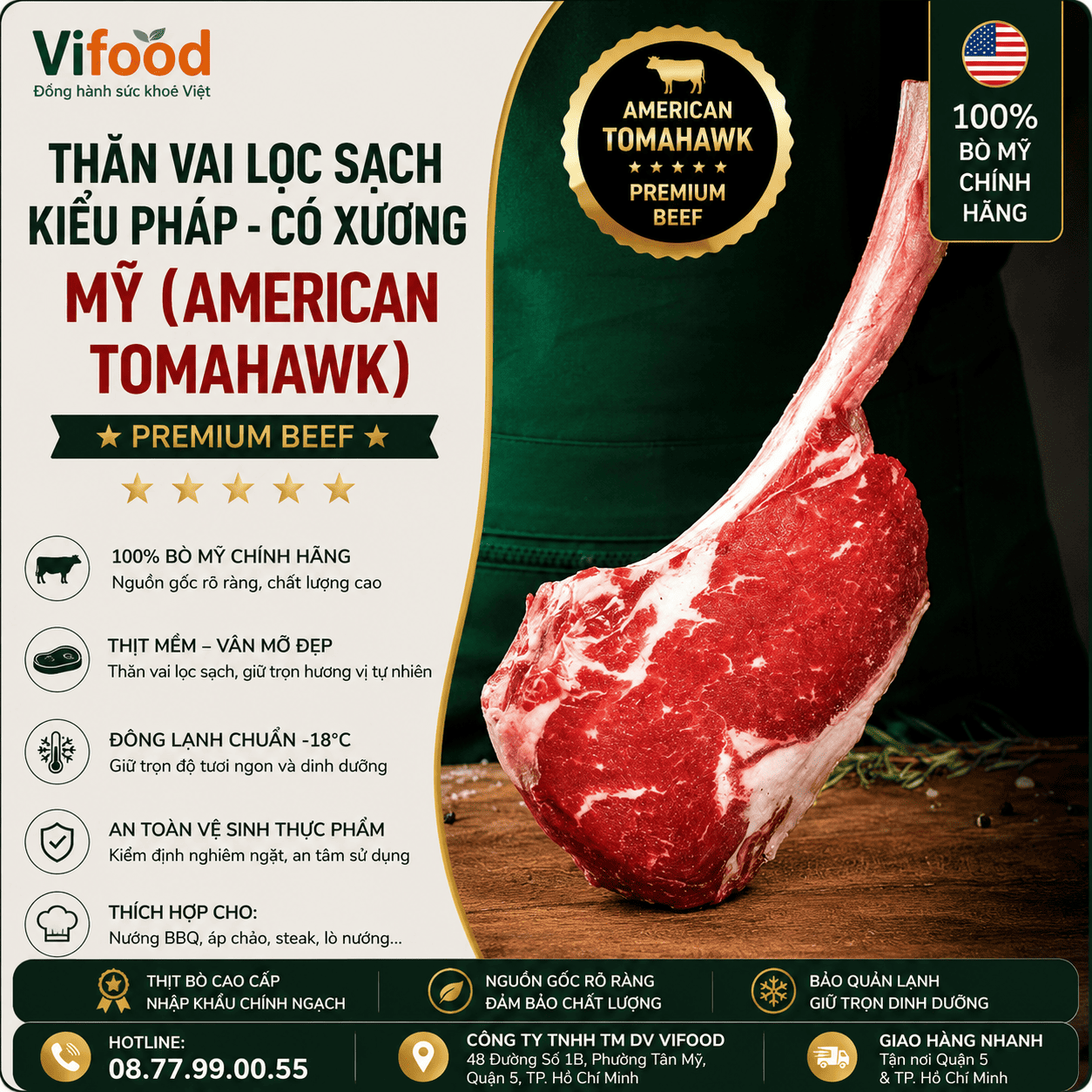 Thăn Vai Lọc Sạch Kiểu Pháp - Có Xương Mỹ (American Tomahawk)