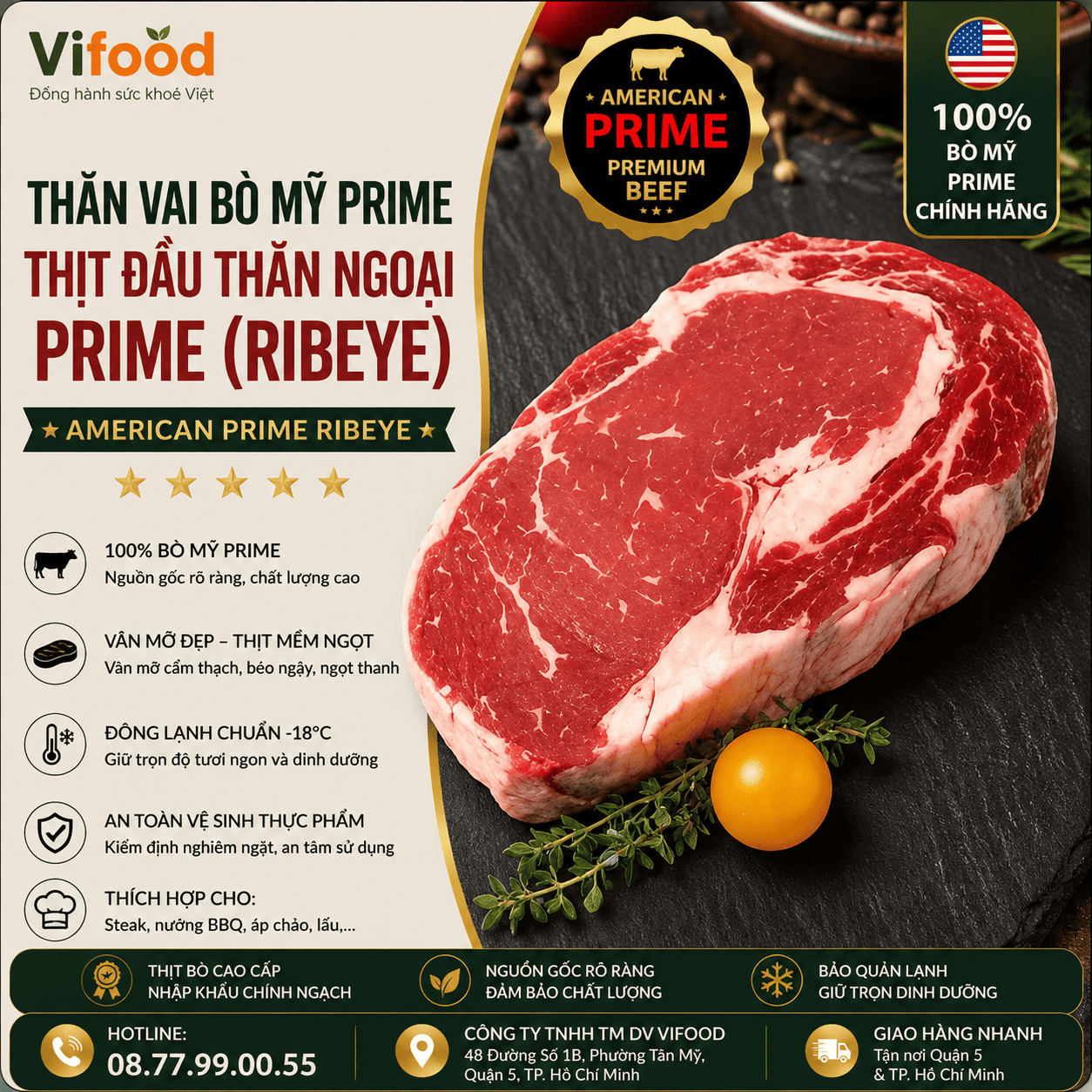  Thăn Vai Bò Mỹ Prime, Thịt Đầu Thăn Ngoại Prime- American Prime Ribeye