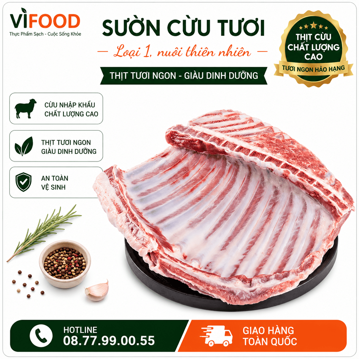 Sườn cừu tươi loại 1, nuôi thiên nhiên