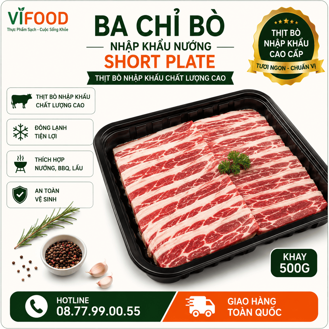 Ba Chỉ Bò Nhập Khẩu Nướng Short Plate khay 500g