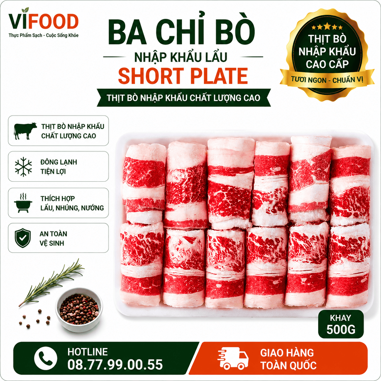 Ba Chỉ Bò Nhập Khẩu Lẩu Short Plate khay 500g