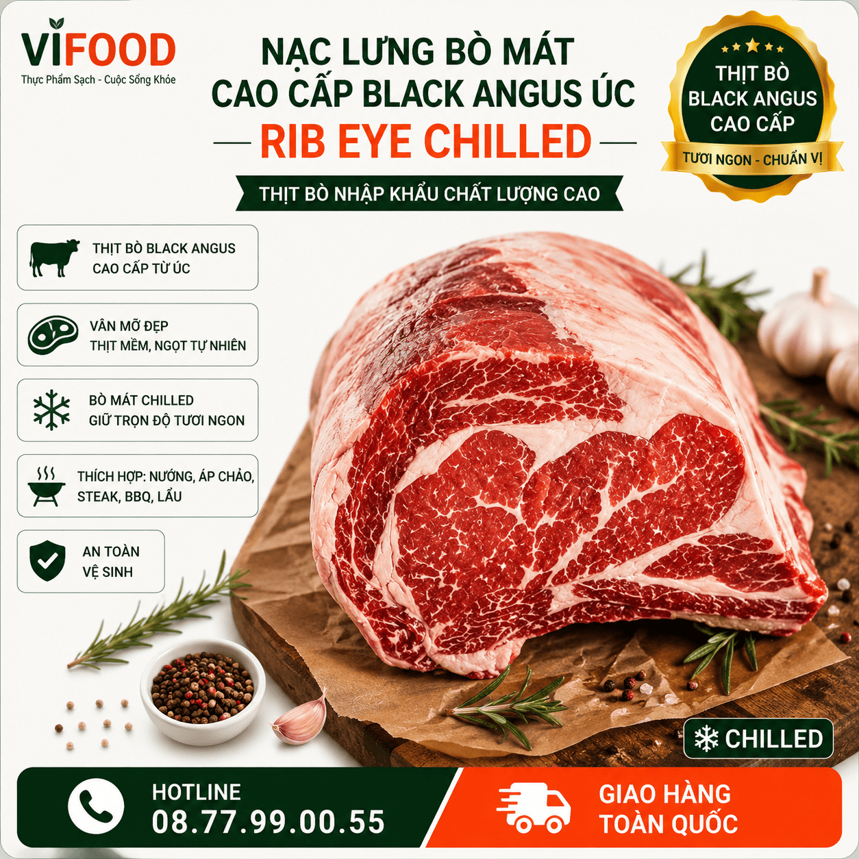 Nạc lưng bò mát Cao Cấp Black Angus Úc - Rib eye Chilled