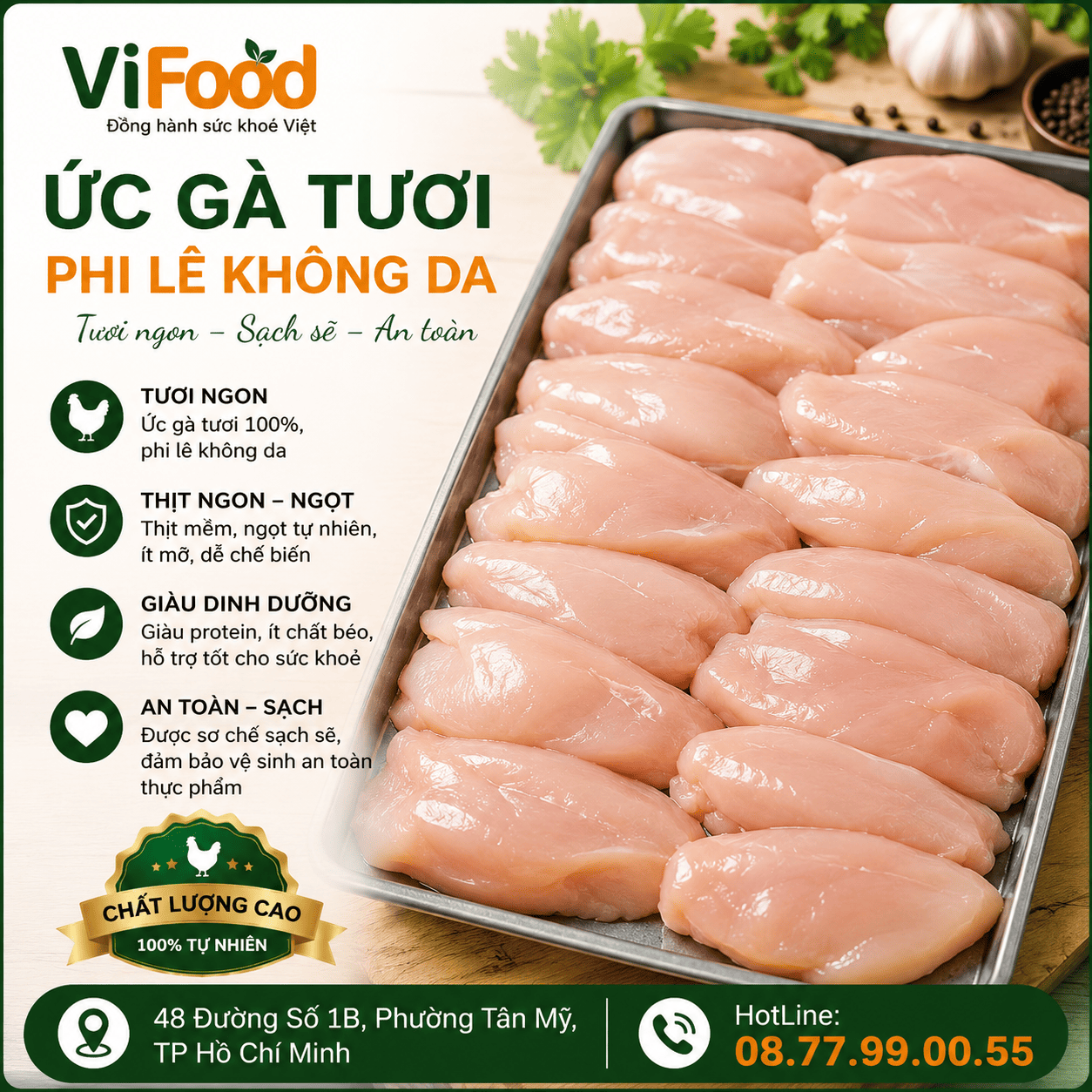 Ức gà tươi phi lê không da